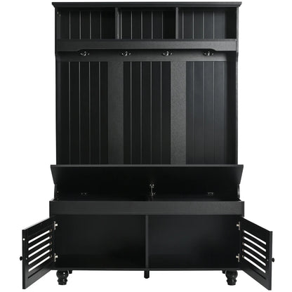 47.2'' Wide Hall Tree with Storage, 5-in-1 Entryway Bench with Shutter-shaped doors, Coat Rack, Cushion and 4 Sturdy Hooks