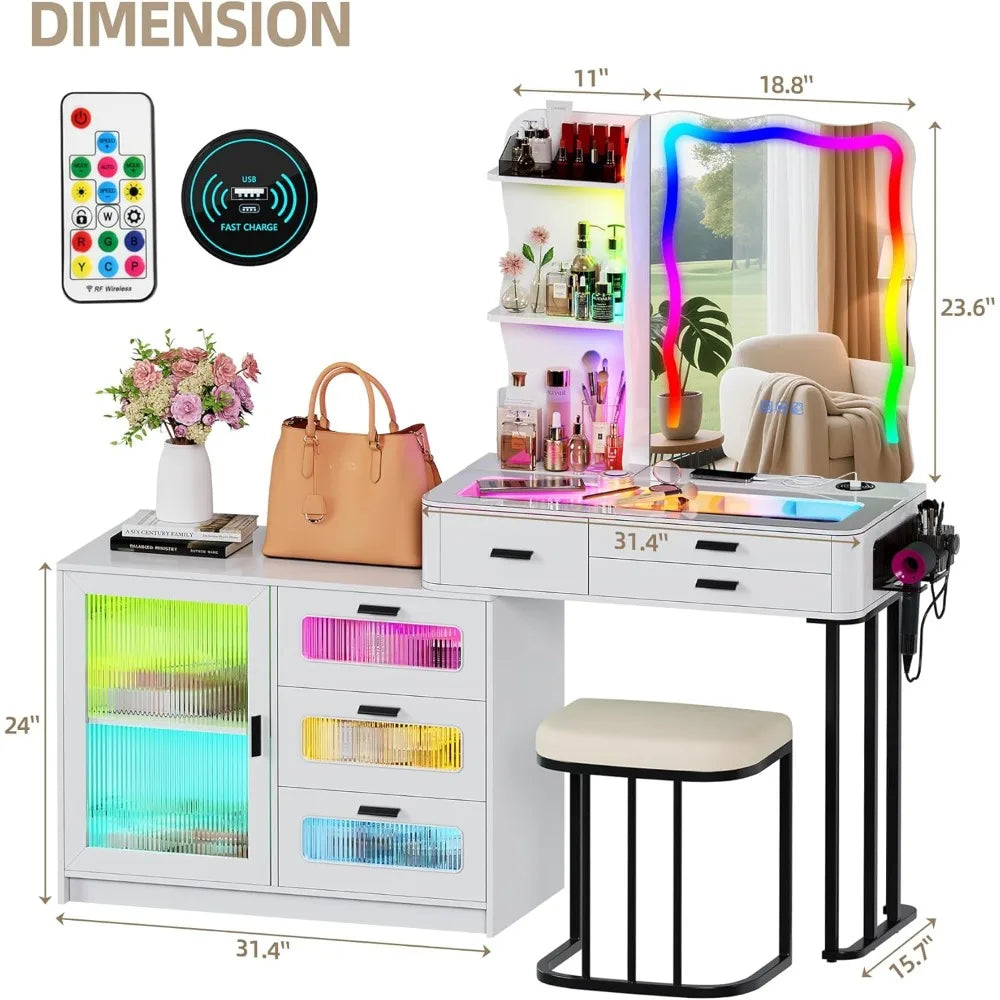 60.9" W Large Vanity/Desk with Mirror and RGB Lights, Glass Top, Charging Station