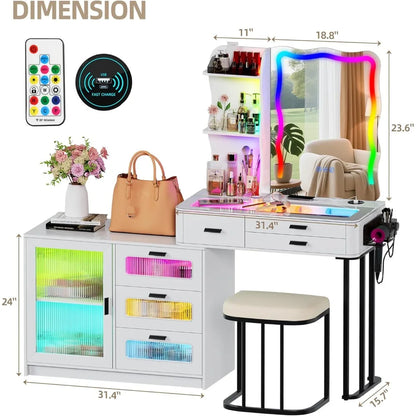 60.9" W Large Vanity/Desk with Mirror and RGB Lights, Glass Top, Charging Station