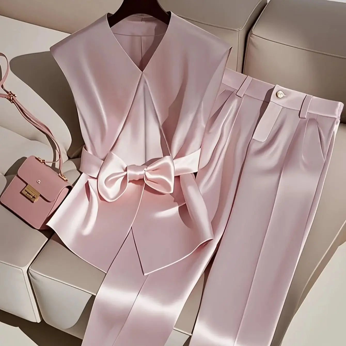 Fashionable, elegant, simple solid color sleeveless romantic date top and trousers