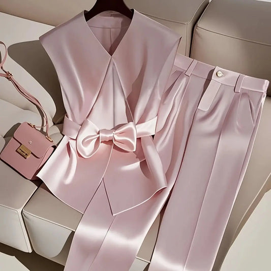 Fashionable, elegant, simple solid color sleeveless romantic date top and trousers