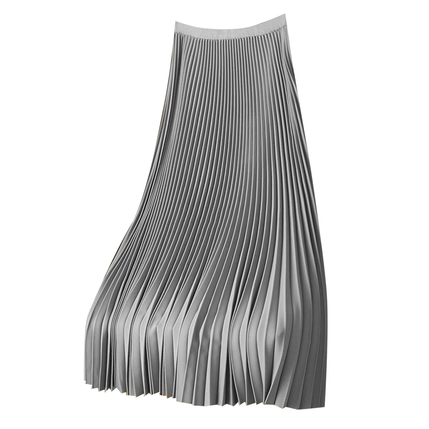 Elegant A Line Satin Long Skirt, Elastic High Waist, Pleated Skirt