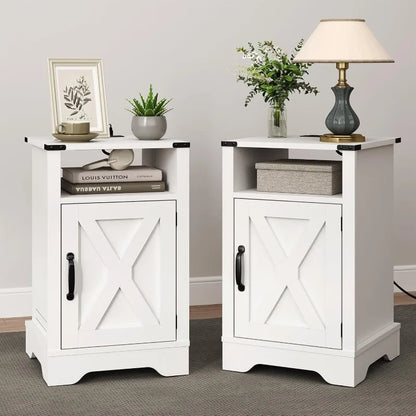 Farmhouse White Bedside/End Table with Charging Station and Storage