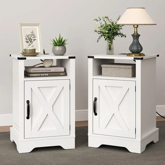 Farmhouse White Bedside/End Table with Charging Station and Storage