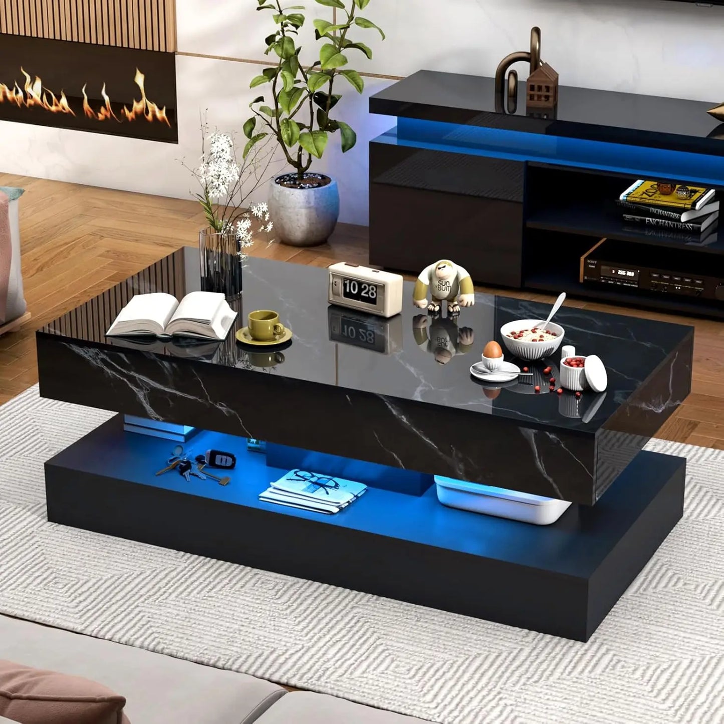 Modern Stylish Coffee Table with 2 Storage Drawers and LED lights