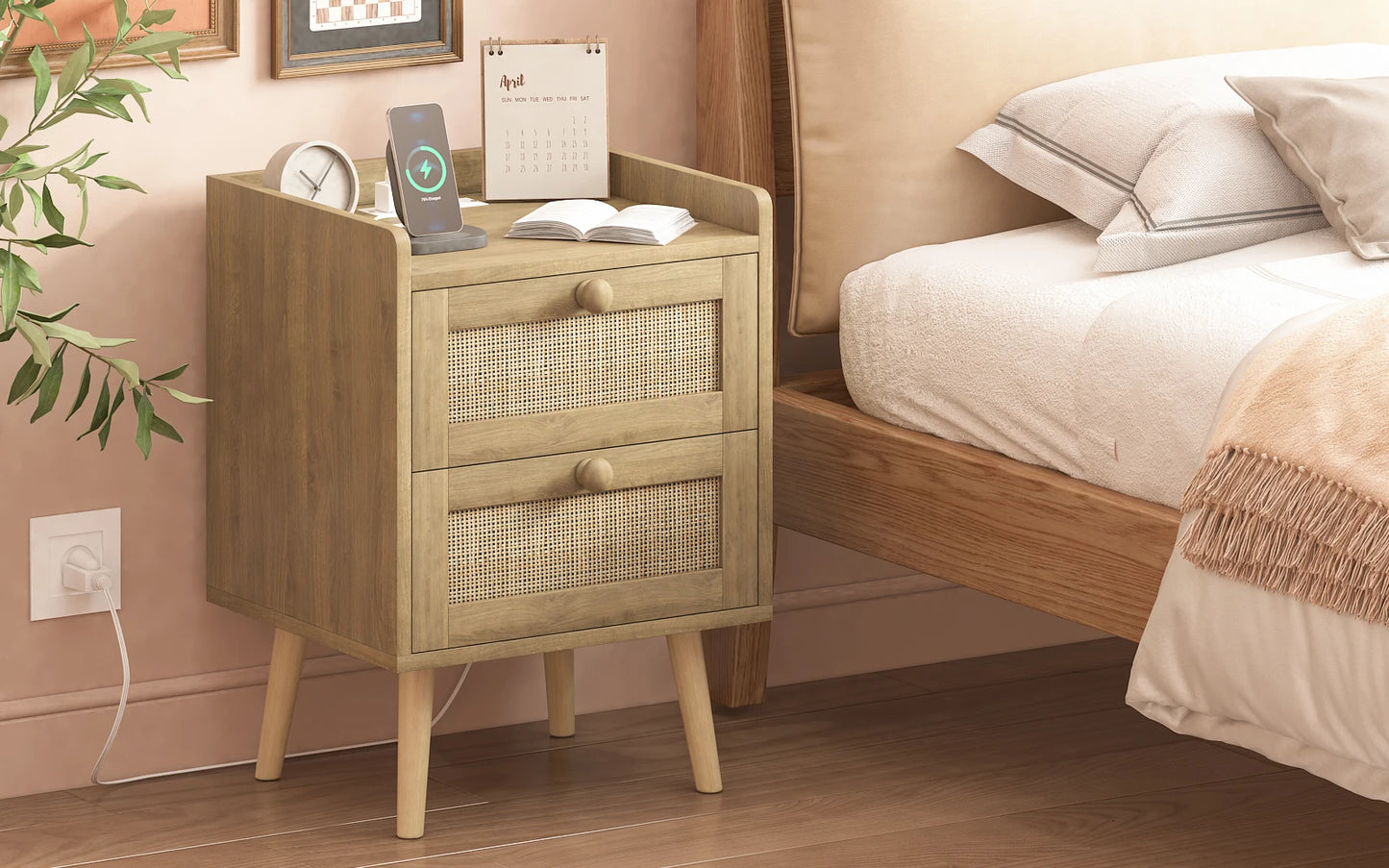 Rattan Nightstand with Charging Station, with 2 Drawers, Natural