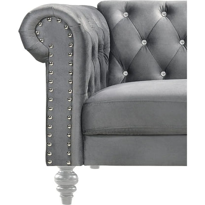 Glam Emma Velvet Two Seater Chesterfield Style Loveseat for Small Spaces with Crystal Button Tufts, Gray