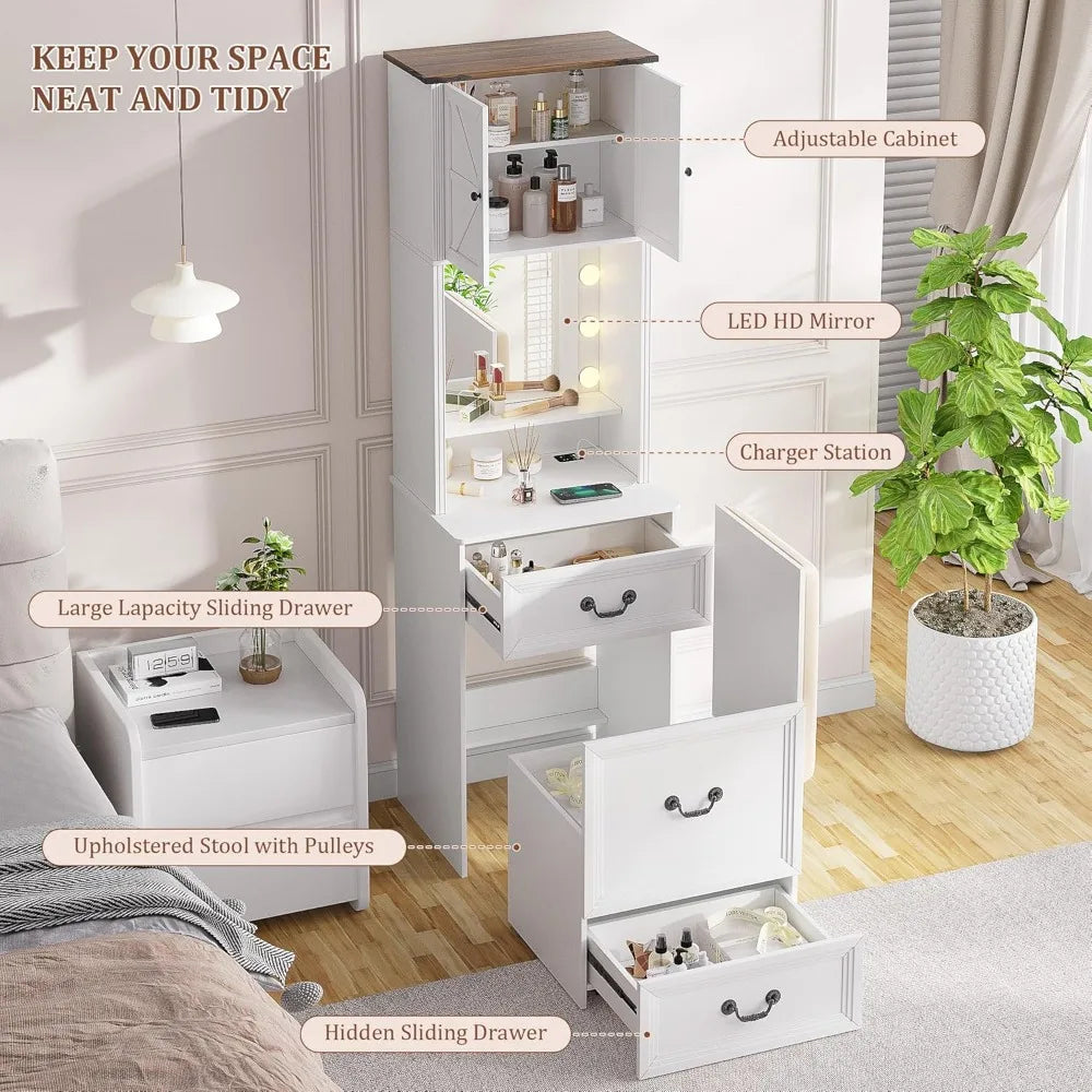 Compact Vanity with Mirror and Lights w/Storage Drawers & Shelves