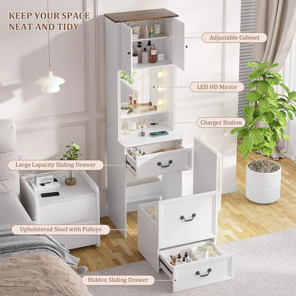 Compact Vanity with Mirror and Lights w/Storage Drawers & Shelves