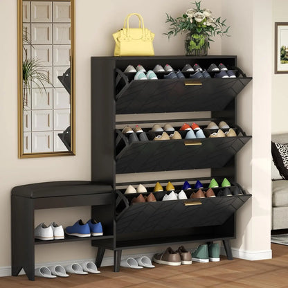 Shoe Cabinet w/3 Flip Drawers & Bench