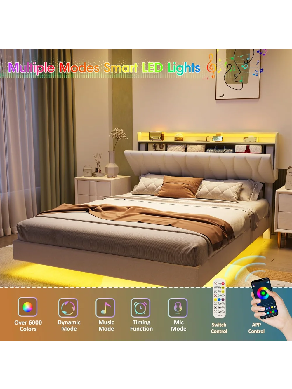 Queen Size Floating Bed Frame with Storage Headboard,  with LED Lights, Charging Station