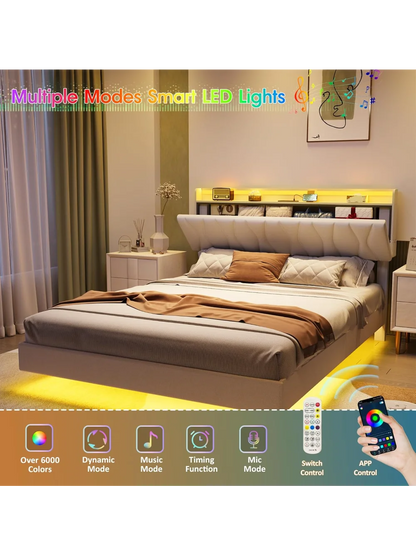 Queen Size Floating Bed Frame with Storage Headboard,  with LED Lights, Charging Station