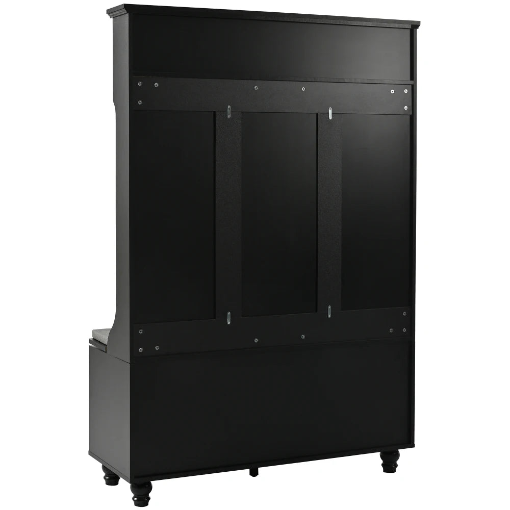 47.2'' Wide Hall Tree with Storage, 5-in-1 Entryway Bench with Shutter-shaped doors, Coat Rack, Cushion and 4 Sturdy Hooks