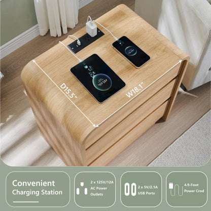 23.6'' Wide Wood Bedside Table w/3 Storage Drawers, with Charging Station