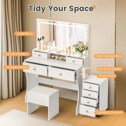 3-Piece Vanity/Desk with Upgraded Silent Slides, Movable Storage Cabinet, Golden Handles, 8 Drawers
