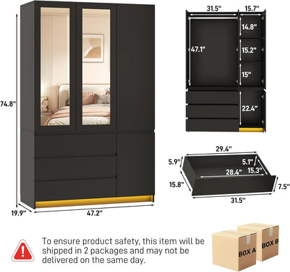 3 Door Armoire Wardrobe with 3 Drawers & Mirror, Hanging Rod, LED Lights