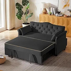 65'' 3-in-1 Queen Size Pullout Sofa, Modern Chenille Fabric, 360° Swivel Side Table