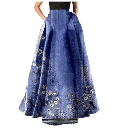 Bohemian Print Long Holiday Floral Skirt, High Waist