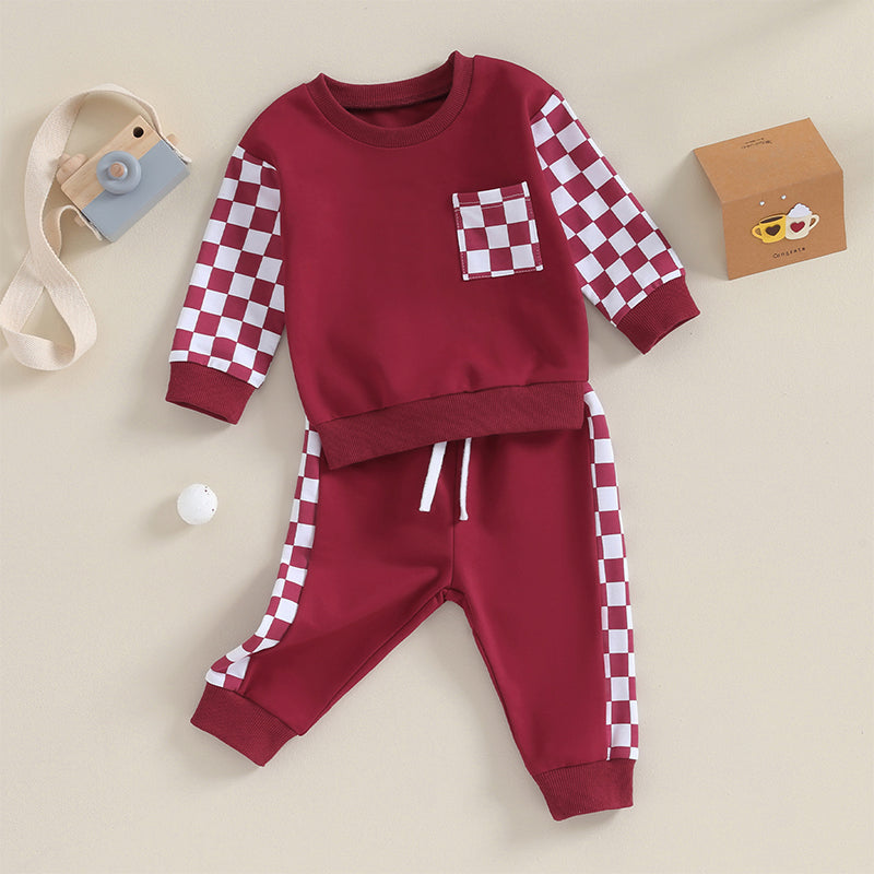 0 MO-3Y Girl Clothes Outfits, Long Sleeve, Checkboard Sweatshirt and Pants Set
