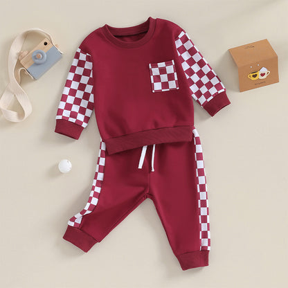 0 MO-3Y Girl Clothes Outfits, Long Sleeve, Checkboard Sweatshirt and Pants Set
