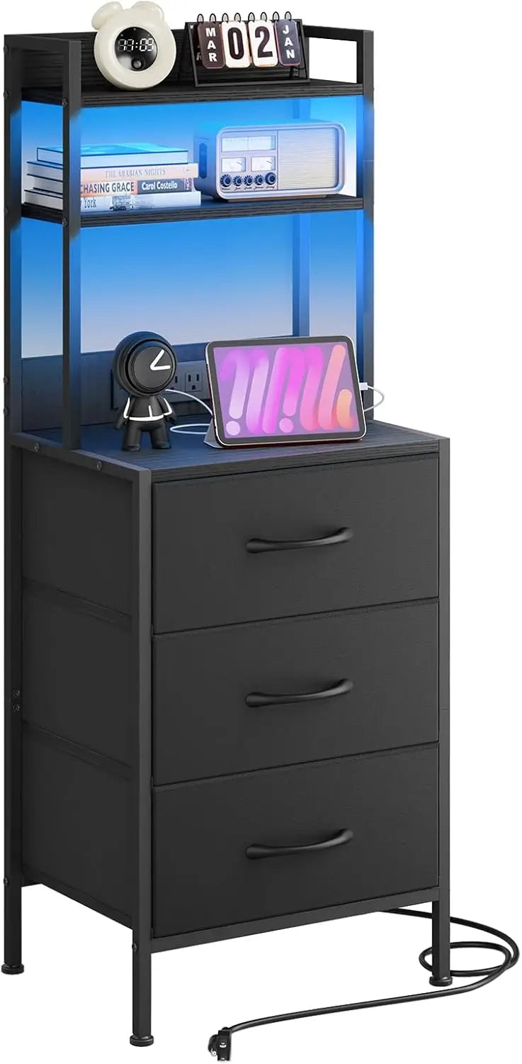 LED side table with U-S-B ports and sockets for charging piles, 3 drawers