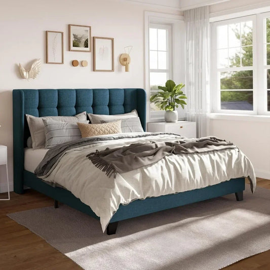 Fabric Upholstered Square Stitched Headboard and Wooden Slats