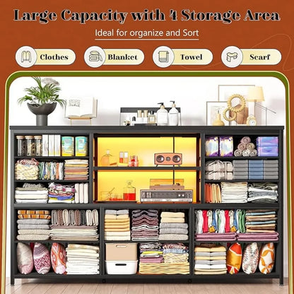 12 Drawers Dresser with LED Lights & Power Outlets, Stand for 60''TV