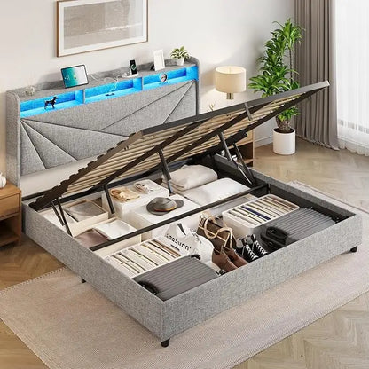 King Size Bed Frame with Storage, Lift Up Upholstered King Bed Frame with LED Lights Headboard and Charging Station, No Box Spring