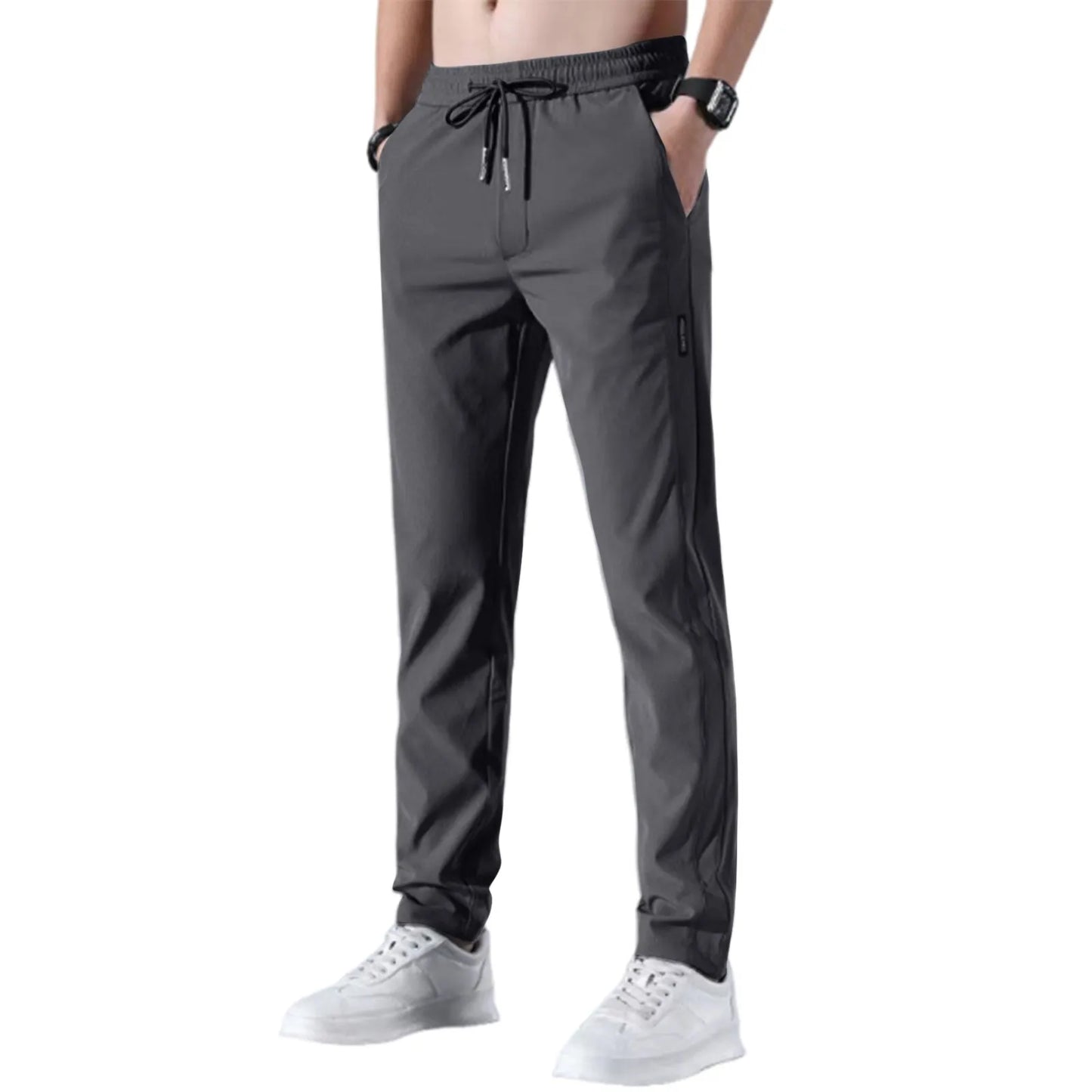 Men Fast Dry Stretch Pants, Ice Silk Trousers, Solid Color, Mid-Waist