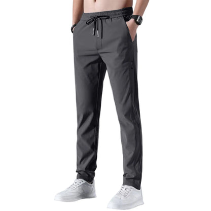 Men Fast Dry Stretch Pants, Ice Silk Trousers, Solid Color, Mid-Waist