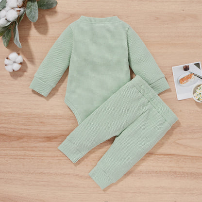 0-24Months Spring Solid Toddler/Baby Waffle Plaid Outfits Long Sleeve Romper + Casual Pants Set