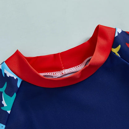 3Pcs, 0MO-4Y Boy Swimsuit Set, Shark Print Short Sleeve, Rash Guard Swim Top, Short, Sun Hat,
