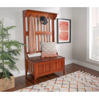 Hall Tree Storage Bench with Split Seat and Four Hooks Entryway Mudroom Organization in Walnut Brown Finish