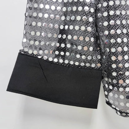 Glitter Sequin Shirt, Men's Long Sleeved Performance Wear, 70s Disco, Lapel Neck, Slimming Sparkle Compression Shirts With Button
