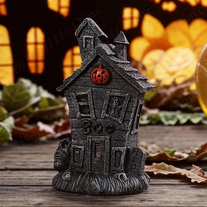 Halloween Miniature Resin Statue Figurines, Pumpkin haunted house and skeleton tombstone