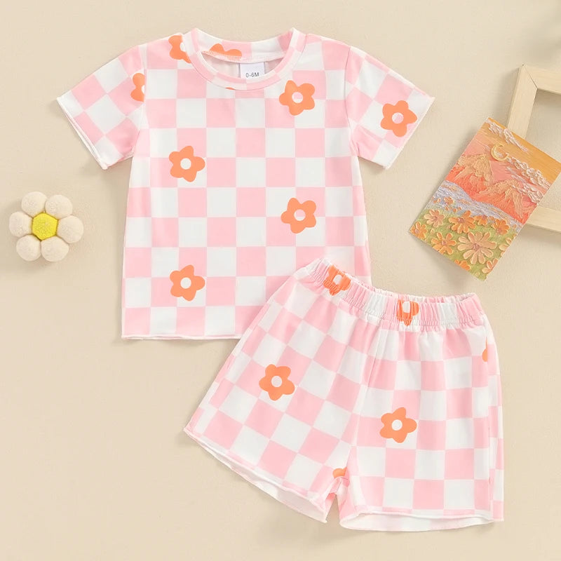 12 MO-4T Floral Checkerboard Print Short Sleeve O-neck T-shirts+Elastic Waist Shorts Tracksuit