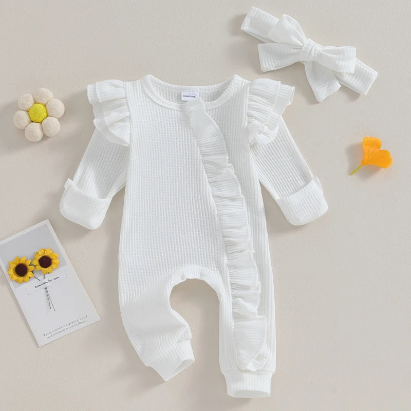 0-12M Baby Girl Ruffle Zipper Romper, Long Sleeve Jumpsuit