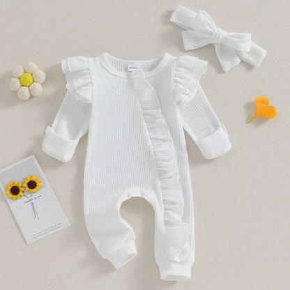 0-12M Baby Girl Ruffle Zipper Romper, Long Sleeve Jumpsuit