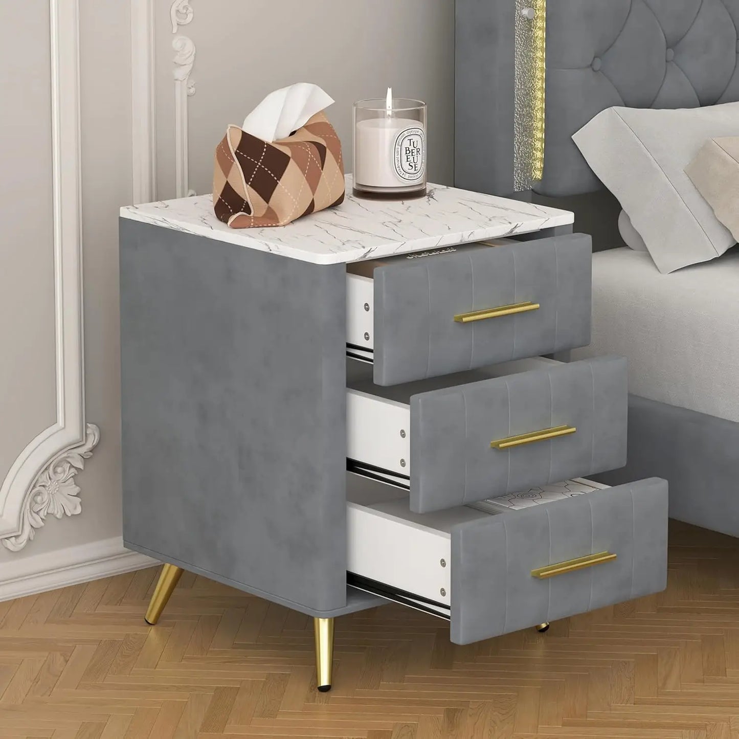 Nightstand with Drawers Set of 2, Upholstered Wood with Marbling Top