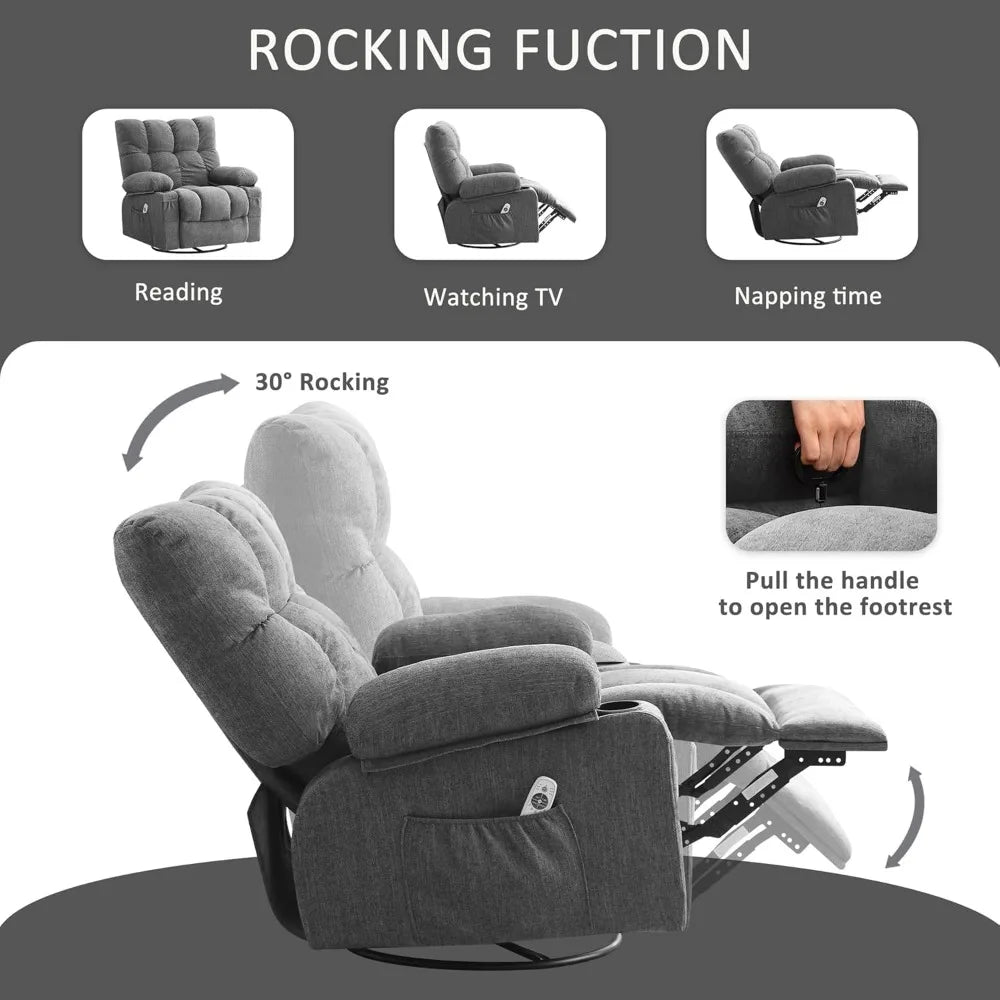 Ergonomic Rocking Recliner with Vibration Massage, Heat, and Side Pocket