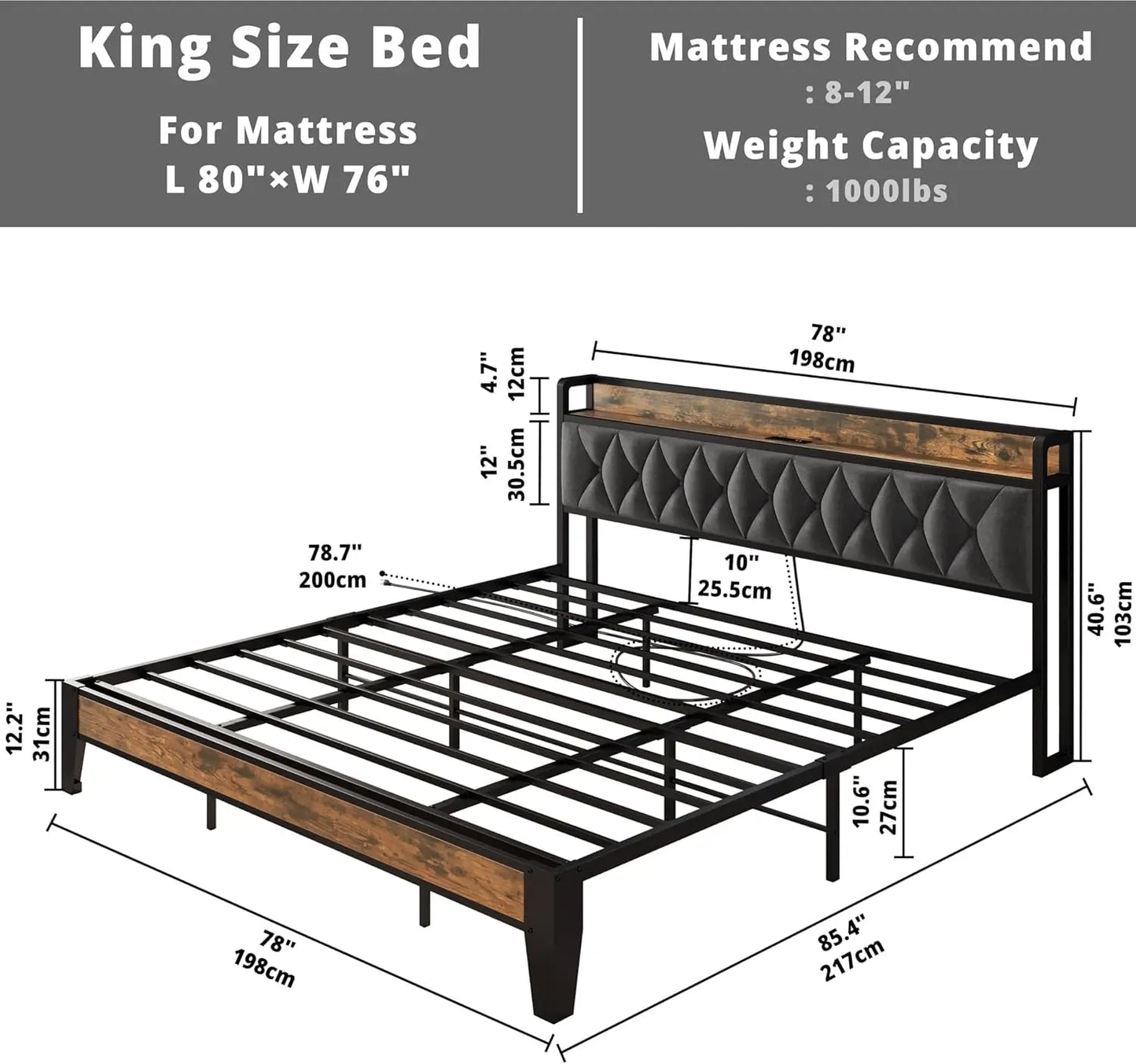 Twin/TwinXL/Full/Queen/King/CaliforniaKing Bed Frames, Storage Headboard with Outlets, No Noise, No Box Springs Needed
