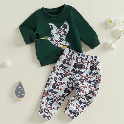 6MO-3T Spring Kids/Baby Boy Outfit Sets, Long Sleeve Duck Embroidery Pullover, Camouflage Pants