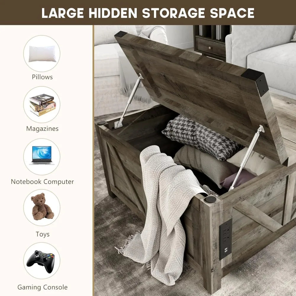 Farmhouse Lift-Top Coffee Table w/ Storage & USB Charging Station