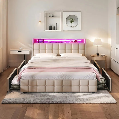 Multiple Color LED Bed Frame with Charging Station, Featuring 2-Tier Headboard, 4 Storage drawers