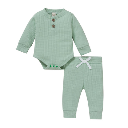 0-24Months Spring Solid Toddler/Baby Waffle Plaid Outfits Long Sleeve Romper + Casual Pants Set