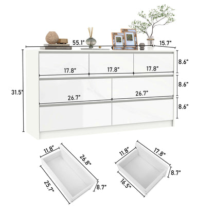 7 Drawer 55 Inch Modern Dresser with High Gloss Drawers