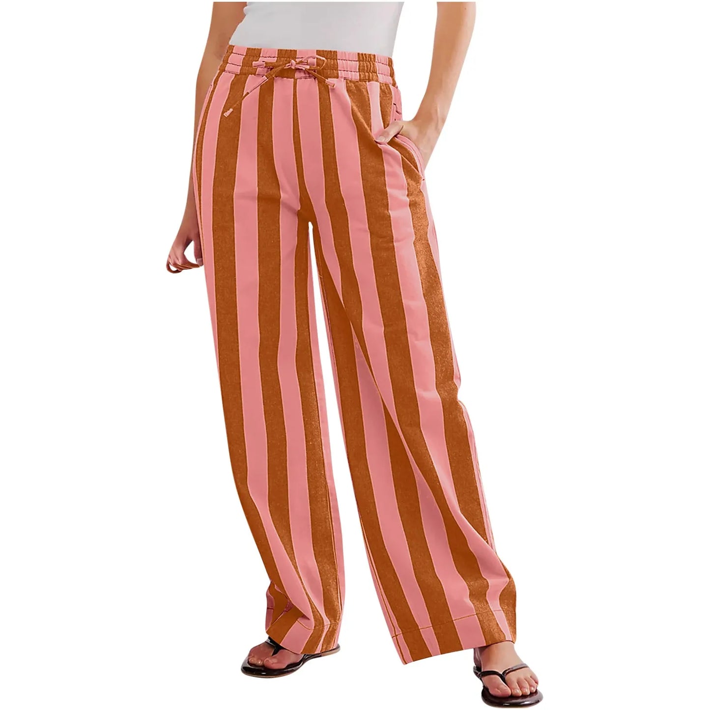 Women Casual Baggy Trousers, Striped Color Blocking, High Waist, Wide Leg, Pockets