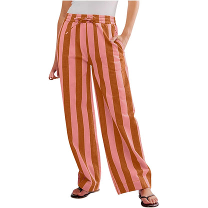 Women Casual Baggy Trousers, Striped Color Blocking, High Waist, Wide Leg, Pockets