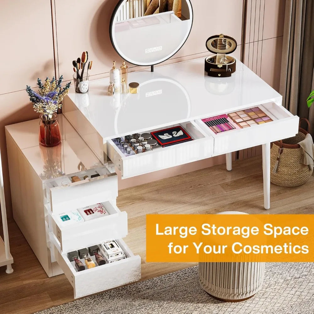 Vanity Desk with 5 Drawers, Reversible Drawer, Printer Stand, Computer Desk with Built-in Power