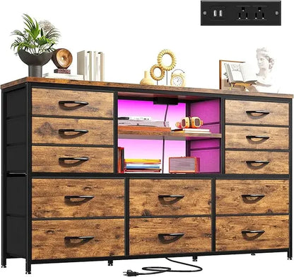 12 Drawers Dresser with LED Lights & Power Outlets, Stand for 60''TV